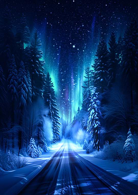 Winter Road Under Aurora Borealis