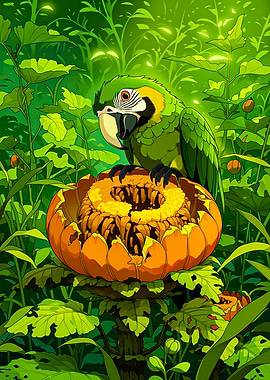 Green Macaw on a Giant Flower