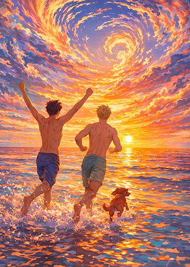 Two men and dog running into the ocean at sunset