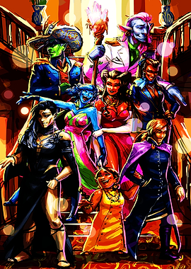 Diverse Group of Fantasy Characters on Stairs