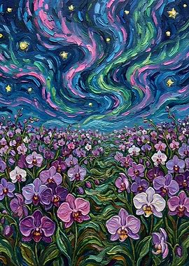Orchid Field Under Northern Lights