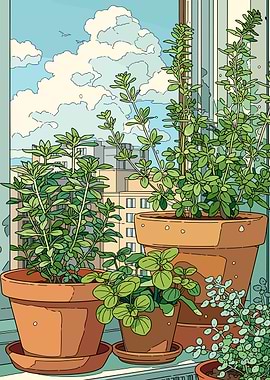 Herbs on a Balcony with City View