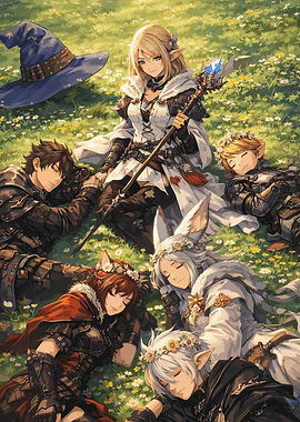 Fantasy characters resting in a meadow