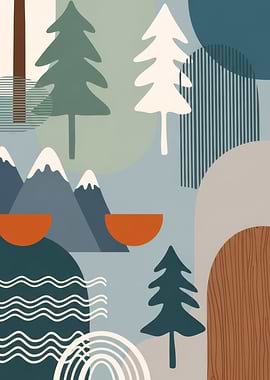 Abstract Winter Landscape with Trees and Mountains