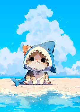 Cute Kitten in Shark Costume on Beach