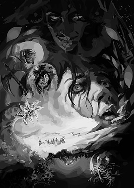 Dark Fantasy Scene with Figures and Creatures