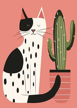 Cute Cat and Cactus Illustration