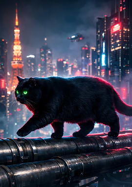 Black Cat Walking Industrial Metal Pipes Neon Cityscape