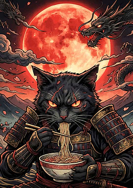 Samurai Cat Eating Ramen Under Red Moon