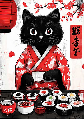 Black Cat in Kimono with Sushi