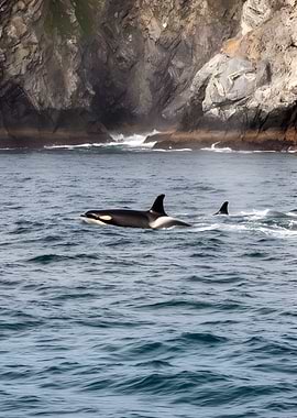 Orcas swimming near rocky cliffs