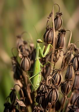 Green Praying Mantis on Dried Seed Pods