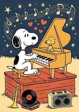 Snoopy and Woodstock playing piano