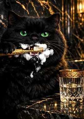 Funny Black Cat Brushing Teeth in Luxury Marble Bathroom