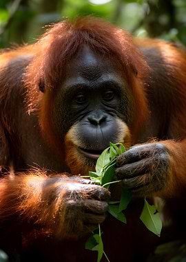 Orangutan eating leaves in forest