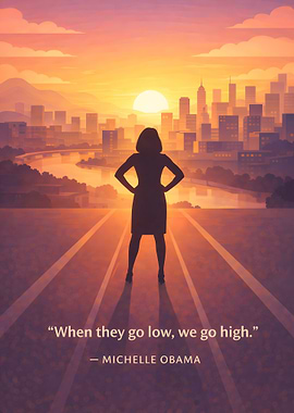 Woman silhouetted against city sunset