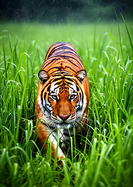 Tiger walking through tall grass