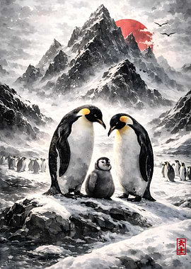 Penguin Family in Snowy Mountains