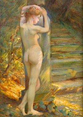 Nude Woman Leaning Against Pillar