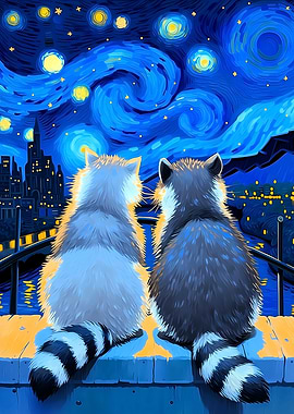 Raccoons admire starry night cityscape