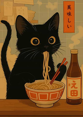 Black Cat Eating Noodles