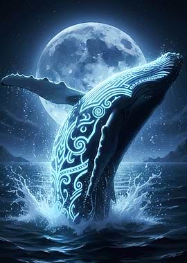 Glowing Whale Leaping Under Moon