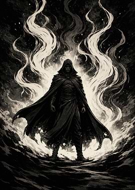 Dark hooded figure in smoke