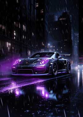 Neon Porsche in Rainy City
