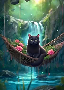 Black Cat in Hammock by Waterfall