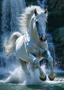 Majestic White Horse Galloping Through Waterfall