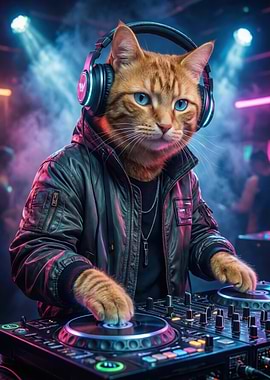 DJ Cat with Headphones at Turntables