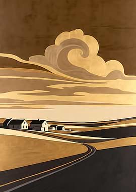 Stylized Landscape with Houses and Clouds