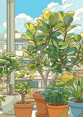 Potted plants on a balcony with city view