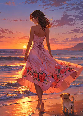 Woman and Dog on Beach at Sunset