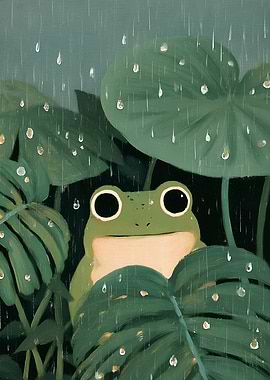 Frog Hiding Under Leaves in Rain