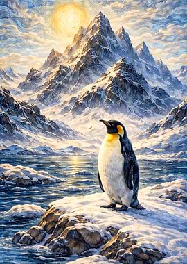 Penguin in Snowy Mountains