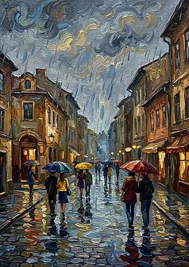 Rainy City Street with Umbrellas