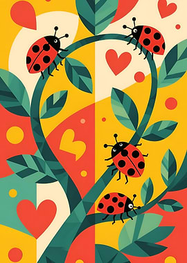 Ladybugs on a Branch with Hearts