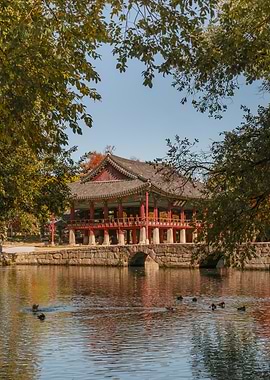 Traditional Korean Pavilion Overlooking a Pond