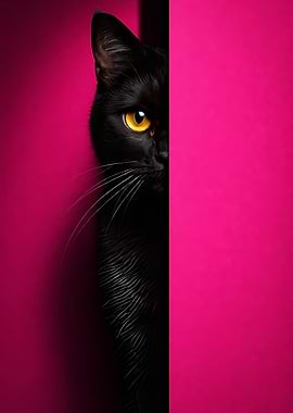 Black Cat Peeking Behind Pink Surface
