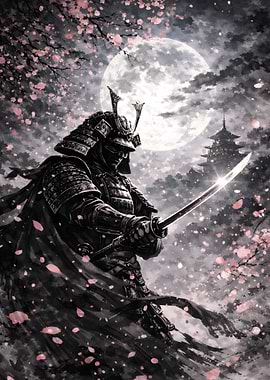 Samurai Warrior Under the Full Moon