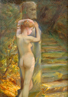 Nude Woman Leaning Against Statue