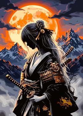 Samurai Woman Under a Full Moon