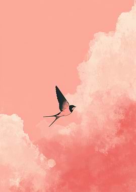 Swallow flying in pink clouds