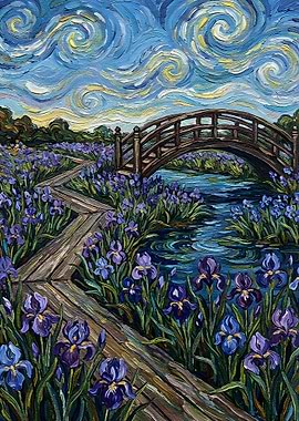 Bridge over Irises in Starry Sky