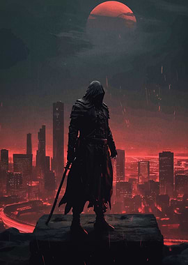 Assassin in a Red Cityscape