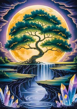 Tree of Life: Celestial Waterfalls and Crystals Under a Glowing Moon