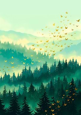 Golden Birds Over Misty Forest