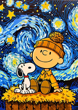 Charlie Brown and Snoopy in Starry Night