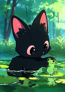 Cute Black Cat and Frog in Pond